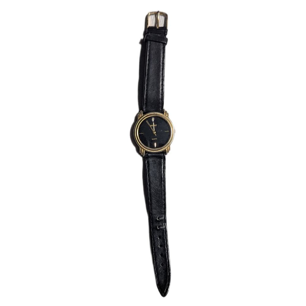 Vtg 1990s Beau Black Leather Band Gold Tone Trimmed Face Quartz Fashion Watch